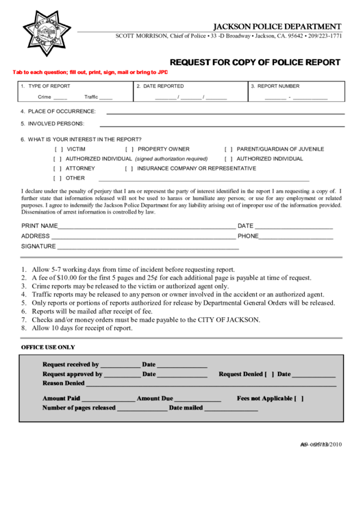 Fillable Jackson Police Department, Request For Copy Of ...