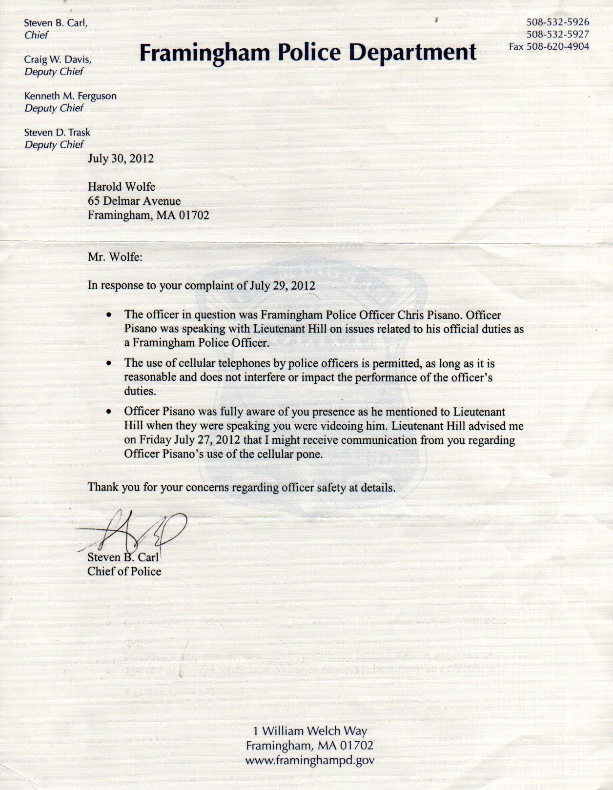 Framingham Police Department: Police Complaint 20120729