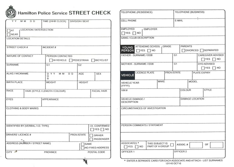 Hamilton Police carding form is