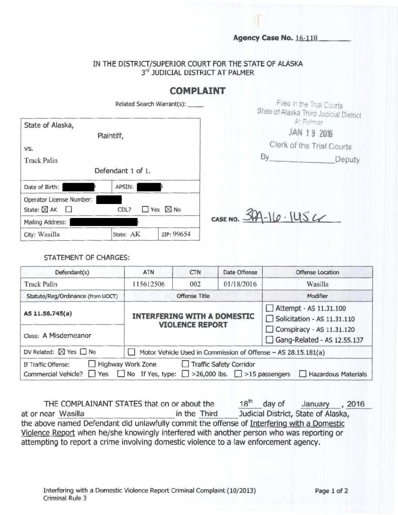 Here Is Track Palins Domestic Violence Police Report