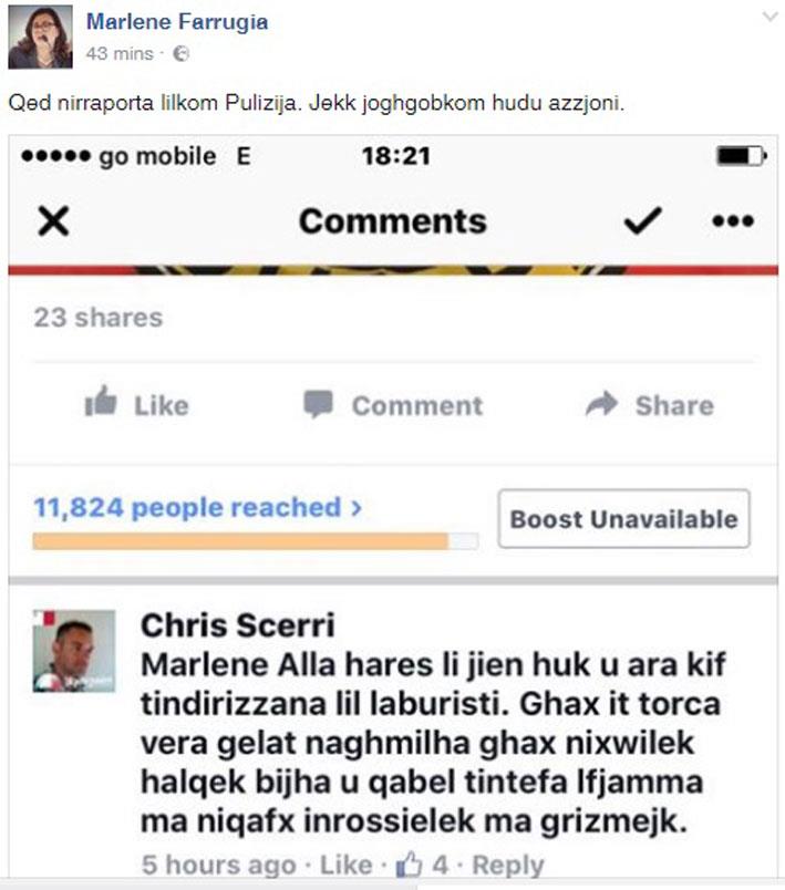 Marlene Farrugia to file police report after Facebook ...