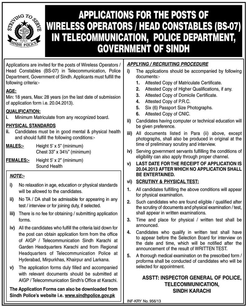 Sindh Police Jobs 2013 Application Form for Head Constables / Wireless ...