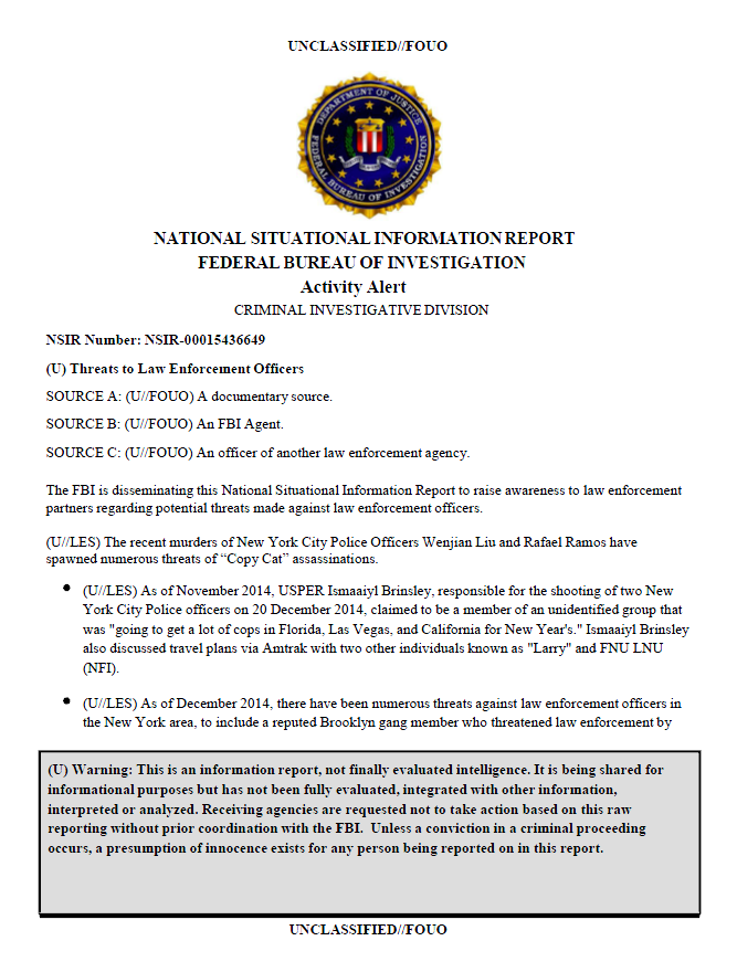(U//FOUO) FBI Report: Threats to Law Enforcement Following ...